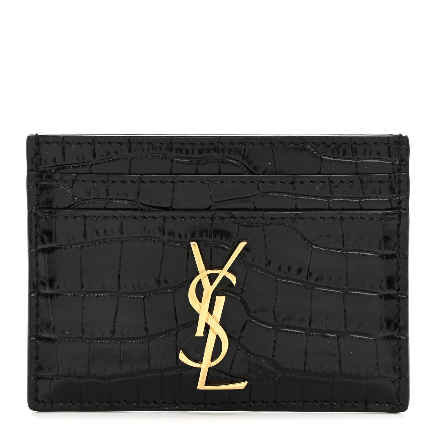 Calfskin Crocodile Embossed Monogram Credit Card Case Black