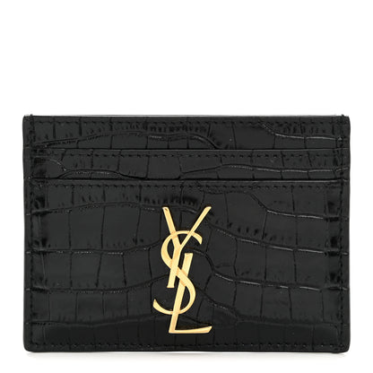 Saint Laurent Calfskin Crocodile Embossed Monogram Credit Card Case Black 1 of 7