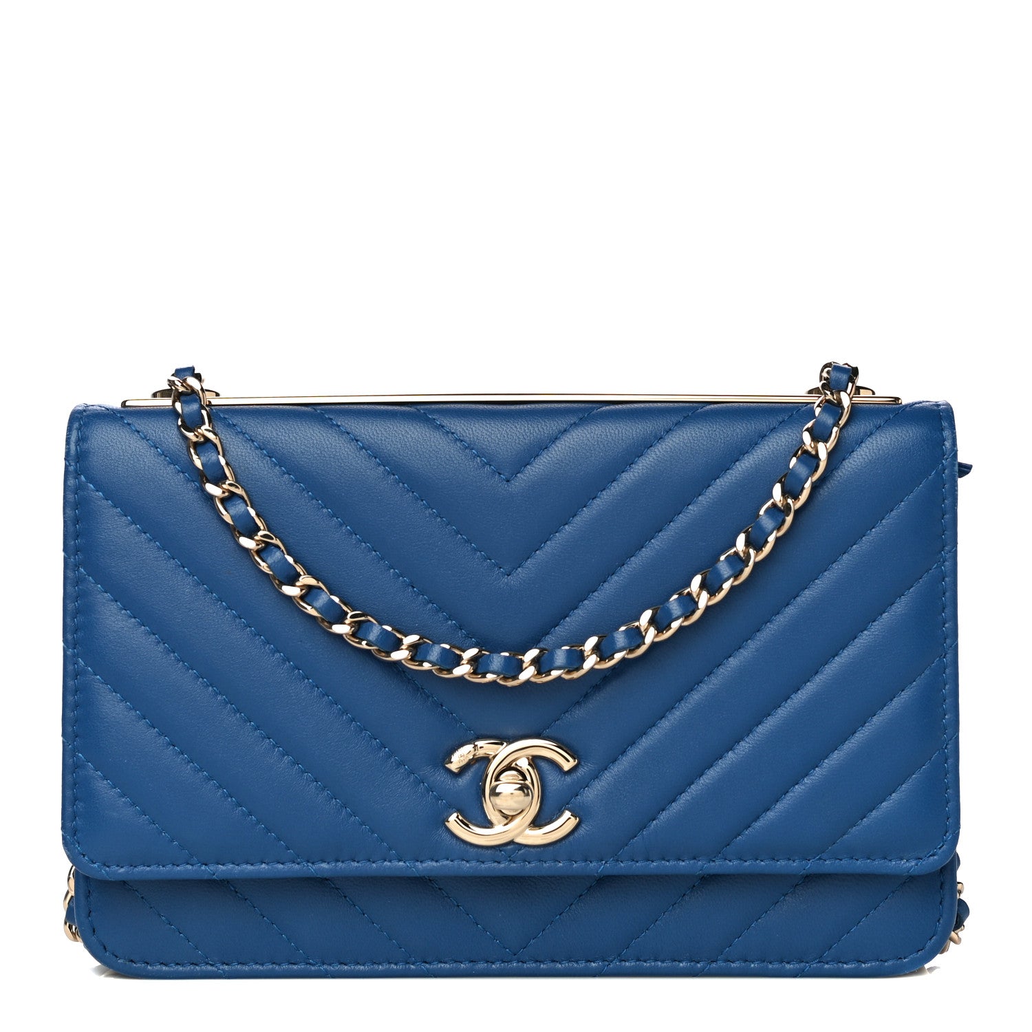 Chanel Lambskin Chevron Quilted Trendy CC Wallet On Chain WOC Blue 1 of 15