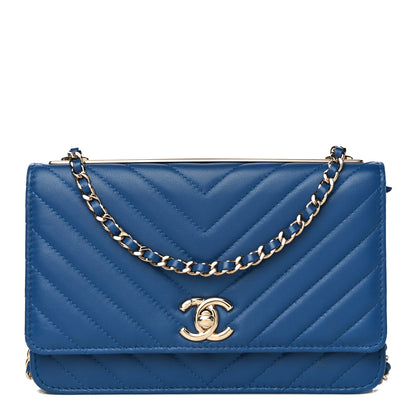 Chanel Lambskin Chevron Quilted Trendy CC Wallet On Chain WOC Blue 1 of 15