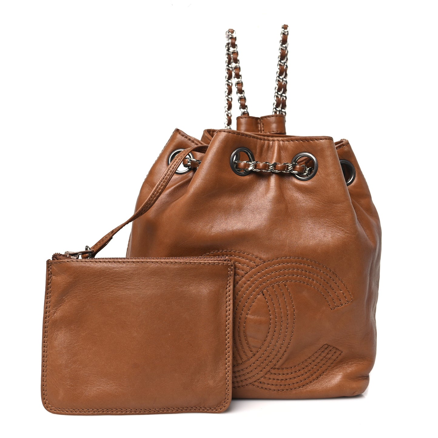 Lambskin CC Stitched Drawstring Bucket Backpack Tan