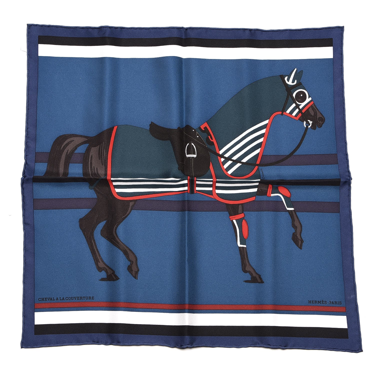 Hermes Silk Cheval A La Couveture Pocket Square Bleu Petrole Marine 1 of 6