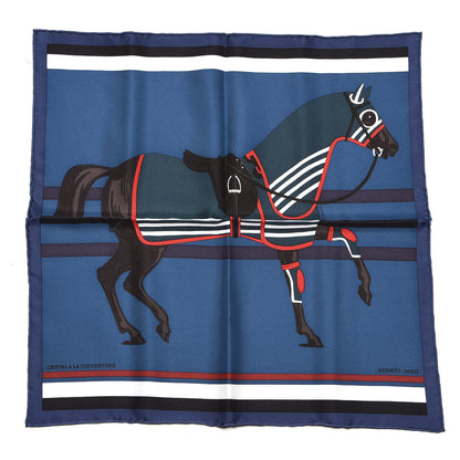 Hermes Silk Cheval A La Couveture Pocket Square Bleu Petrole Marine 1 of 6