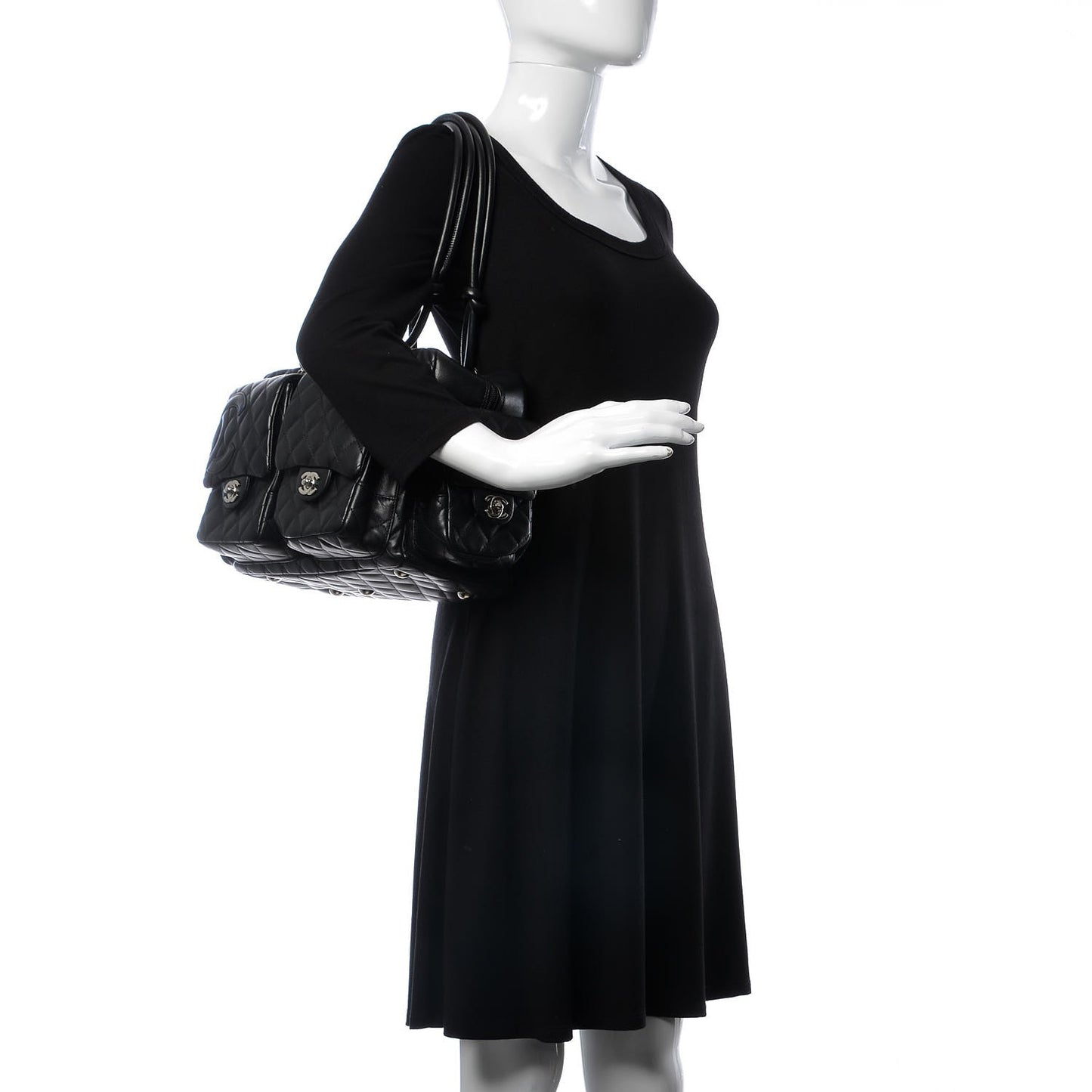 Calfskin Quilted Large Cambon Multipocket Reporter Black