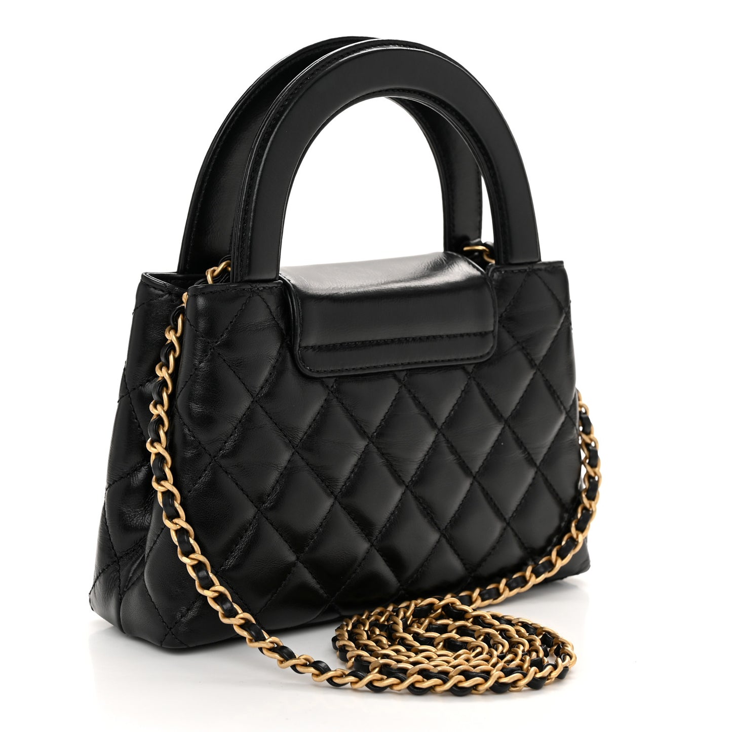Shiny Aged Calfskin Quilted Nano Kelly Shopper Black