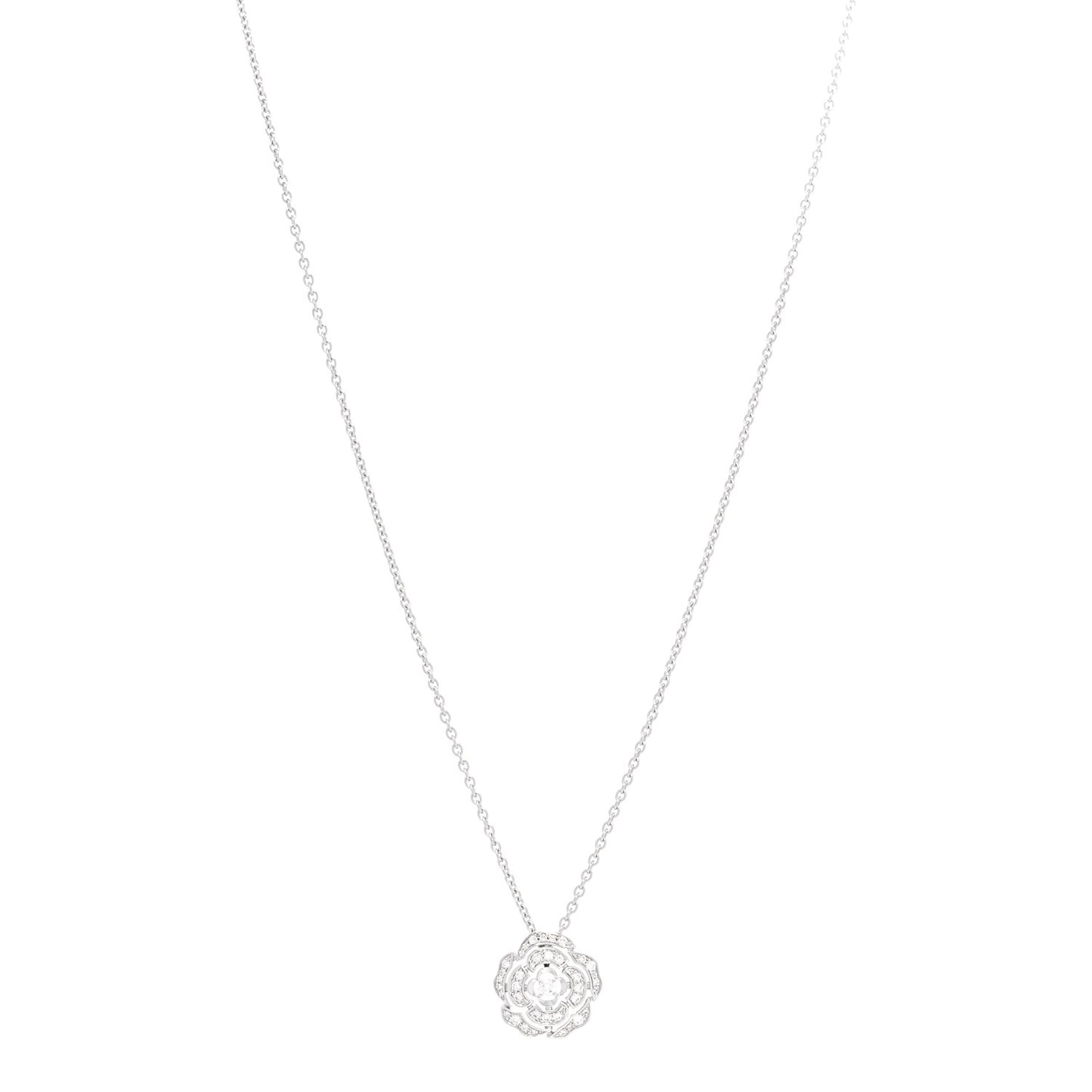 18K White Gold Diamond Bouton de Camelia Pendant Necklace