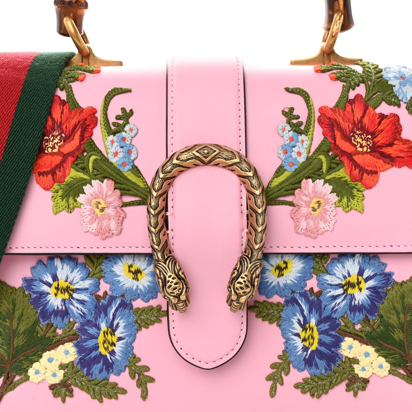Calfskin Bamboo Web Embroidered Medium Dionysus Top Handle Bag Pink