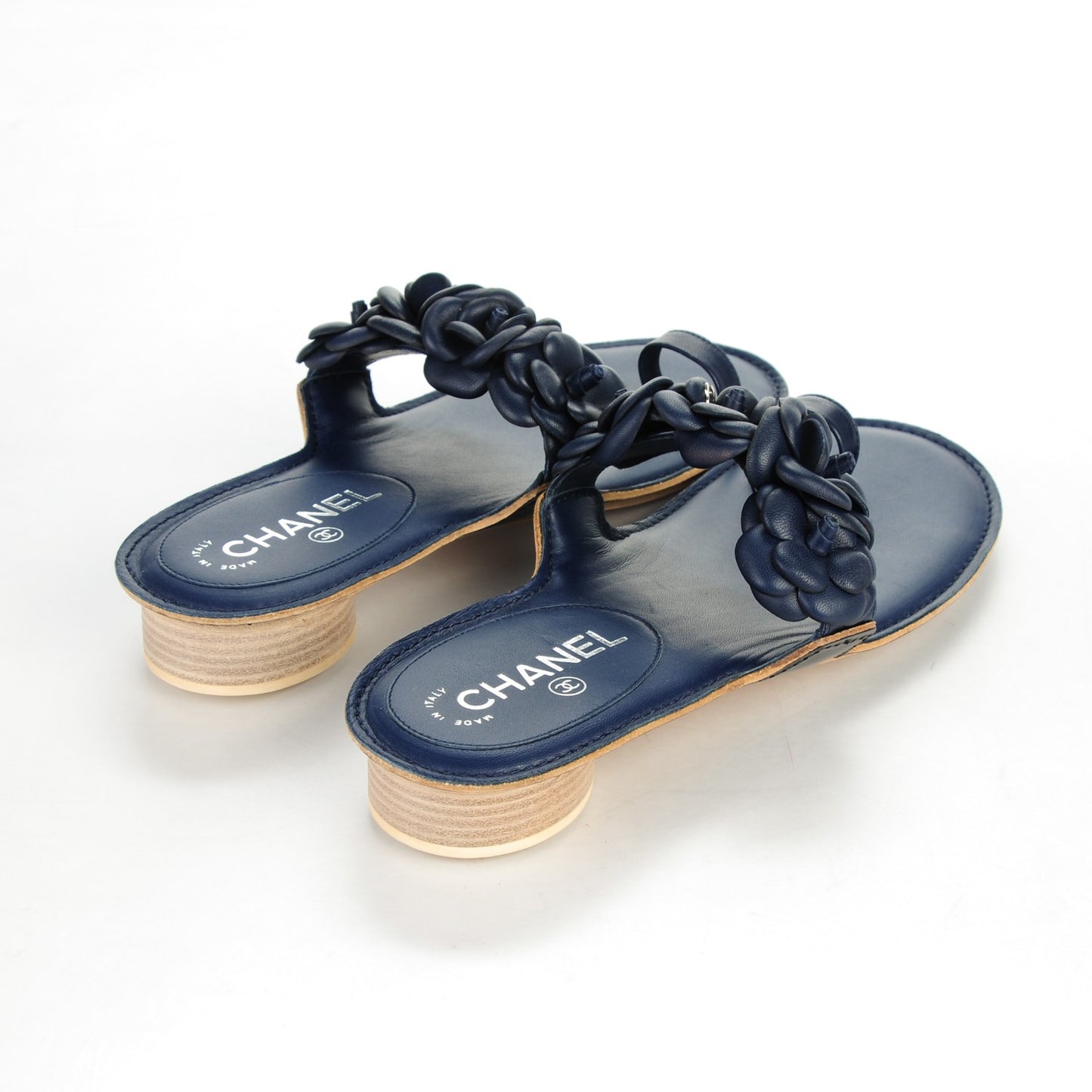 Lambskin Camellia Sandals 38 Dark Navy Blue