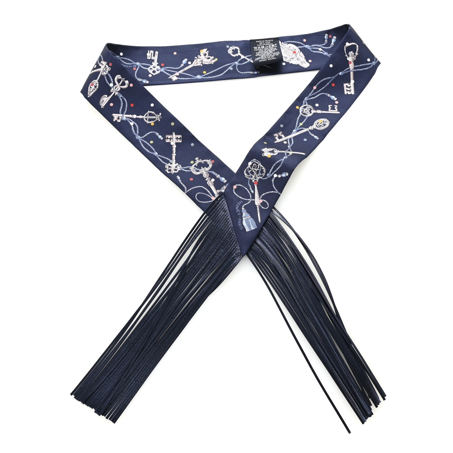 Hermes Silk Metallic Agneau Les Cles A Pois Fringed Twilly Bleu Marine Gris Argent Multicolor 1 of 4