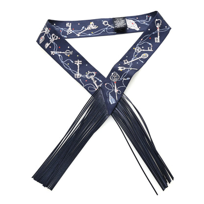 Hermes Silk Metallic Agneau Les Cles A Pois Fringed Twilly Bleu Marine Gris Argent Multicolor 1 of 4