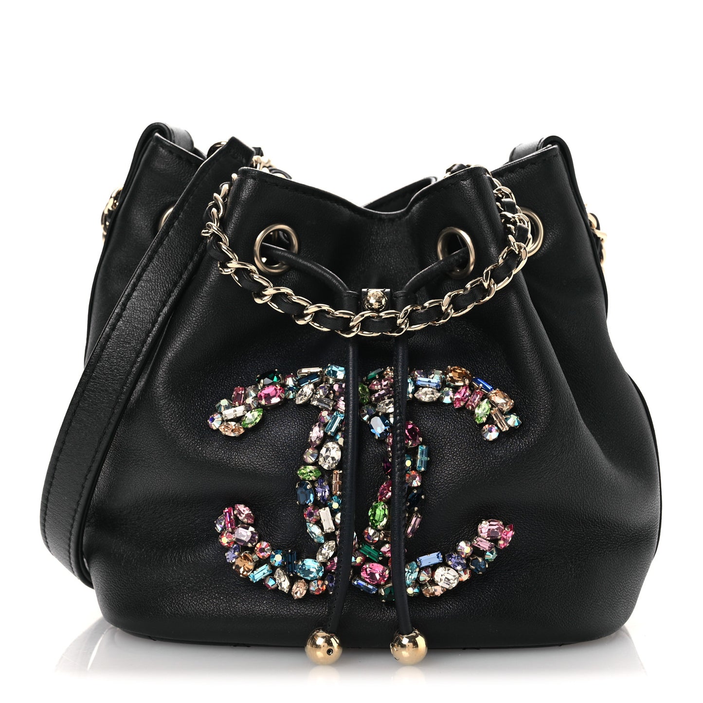 Lambskin Calfskin Quilted Mini Strass Mania Drawstring Bucket Bag Black
