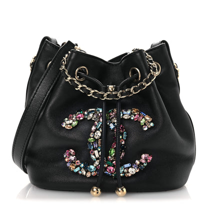 Chanel Lambskin Calfskin Quilted Mini Strass Mania Drawstring Bucket Bag Black 1 of 10