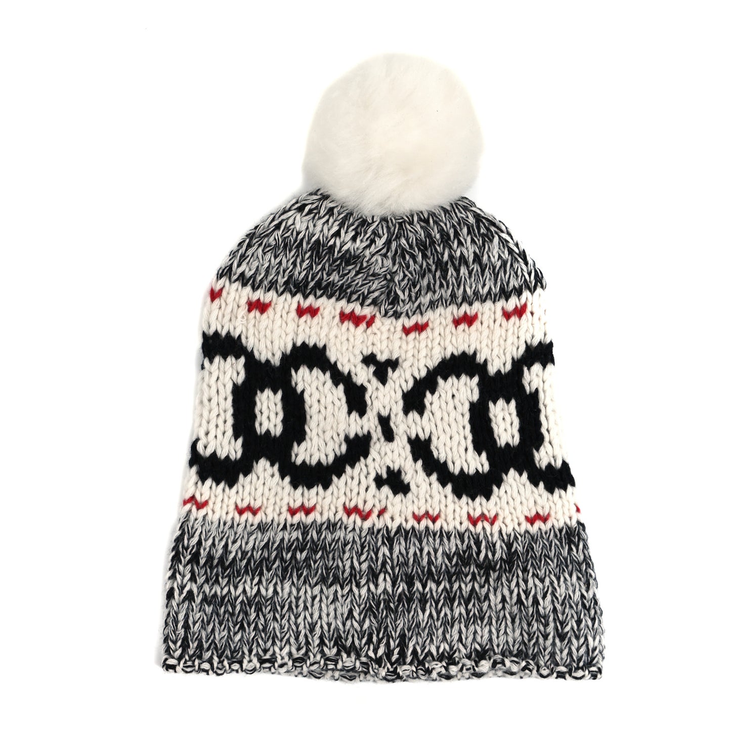 Wool Shearling CC Beanie Hat Ivory Black Red