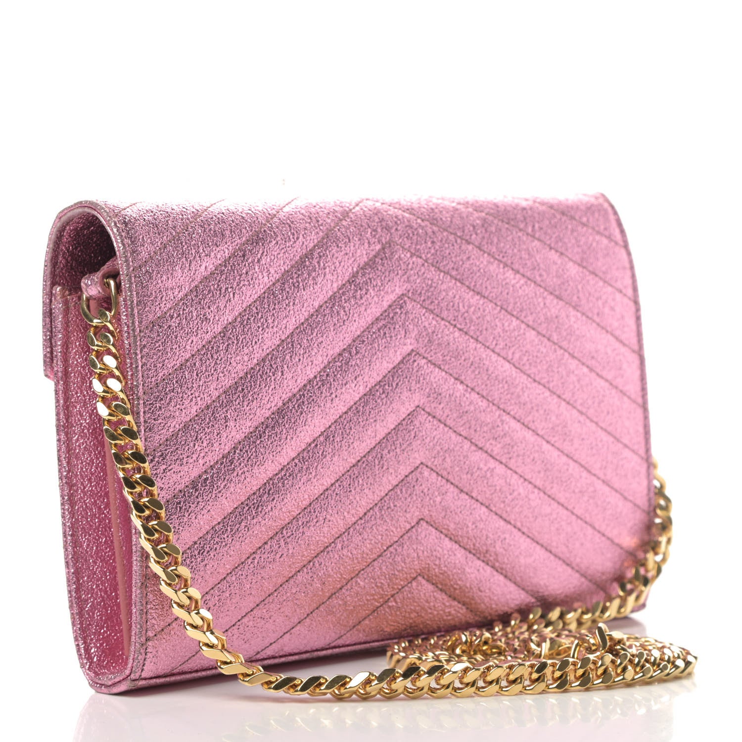 Saint Laurent Metallic Crackled Calfskin Matelasse Chevron Monogram Chain Wallet Light Pink 2 of 5