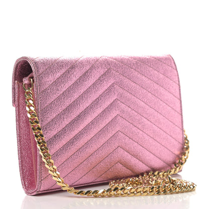 Saint Laurent Metallic Crackled Calfskin Matelasse Chevron Monogram Chain Wallet Light Pink 2 of 5