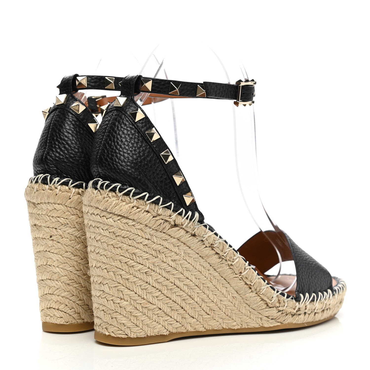 Valentino Garavani Grained Calfskin Rockstud Ankle Strap Espadrille 15/105mm Wedge Sandals 39 Black Light Cuir Natural 4 of 9