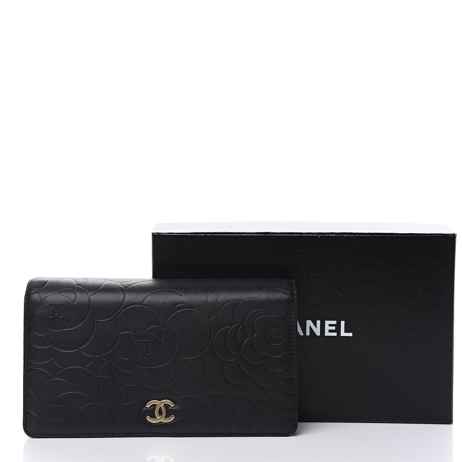 Chanel Lambskin Camellia Embossed Yen Wallet Black 14 of 14
