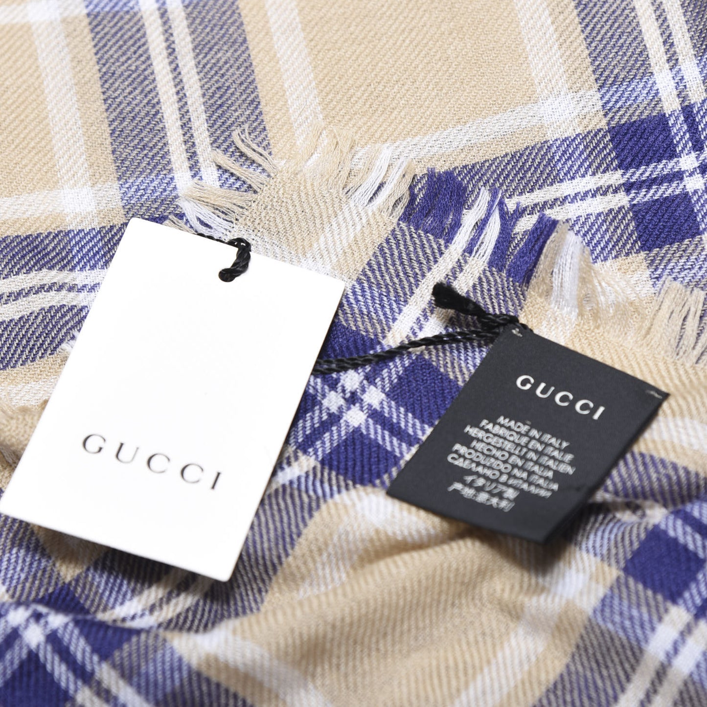 Wool Tiger Embroidered Plaid Scarf Beige Navy