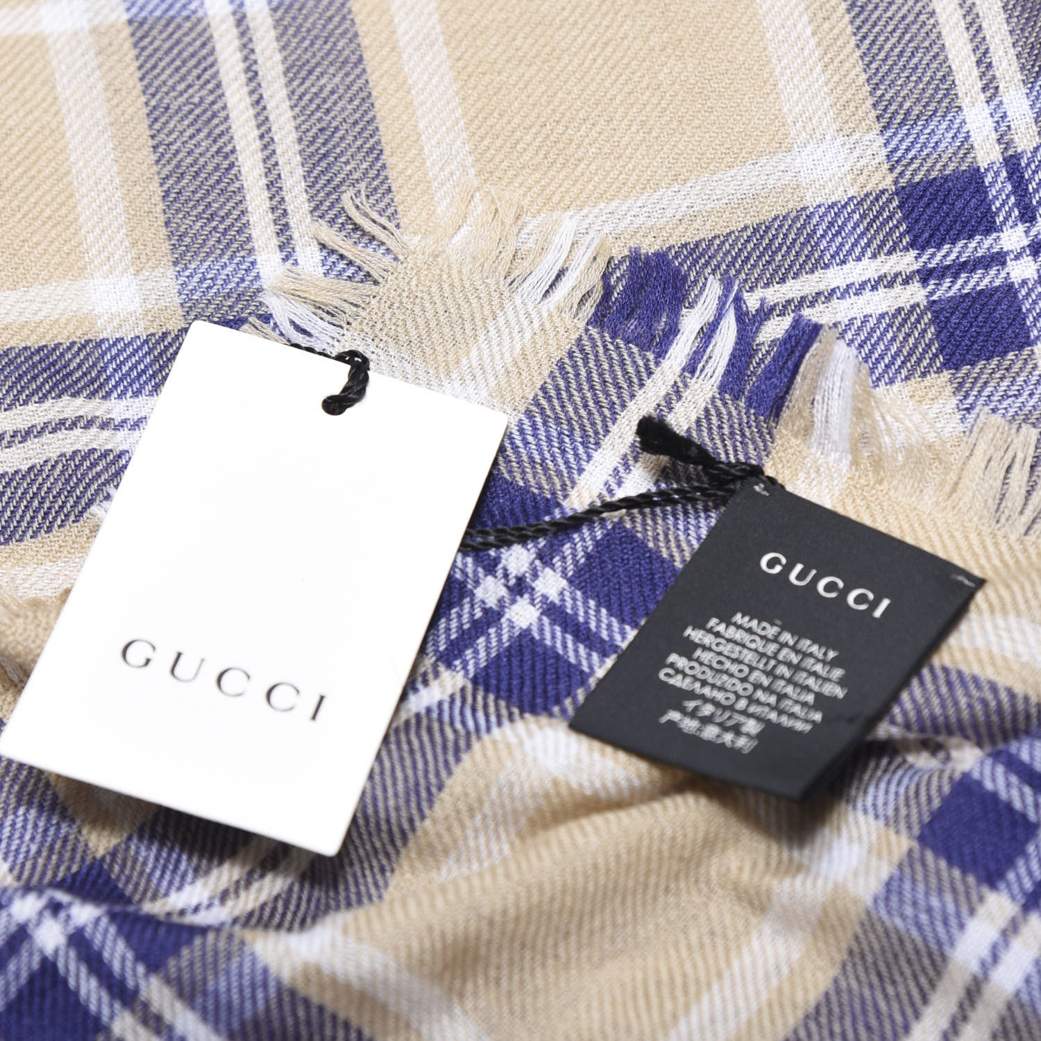 Gucci Wool Tiger Embroidered Plaid Scarf Beige Navy 4 of 4