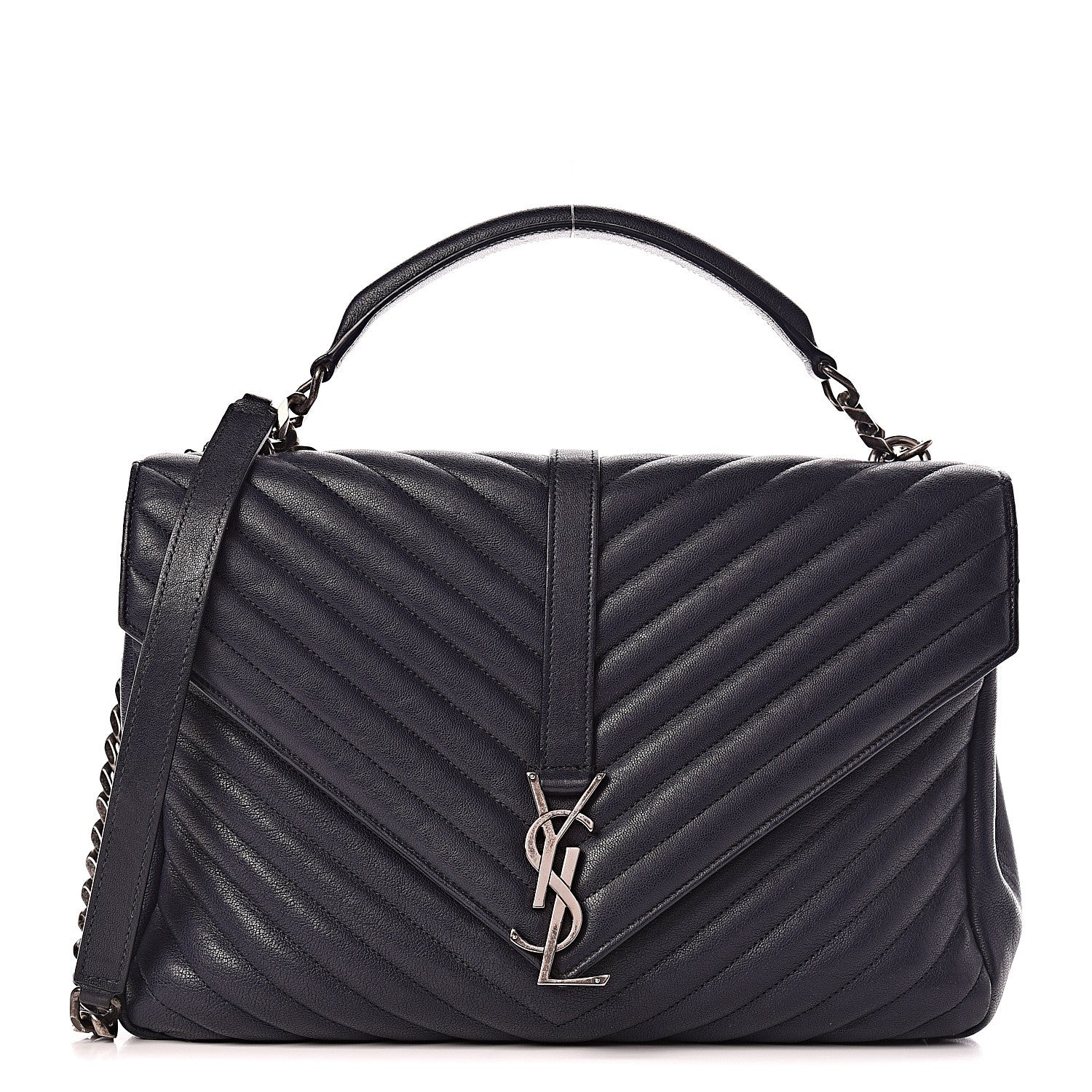 Saint Laurent Sheepskin Matelasse Chevron Monogram Large College Satchel Deep Marine 1 of 19