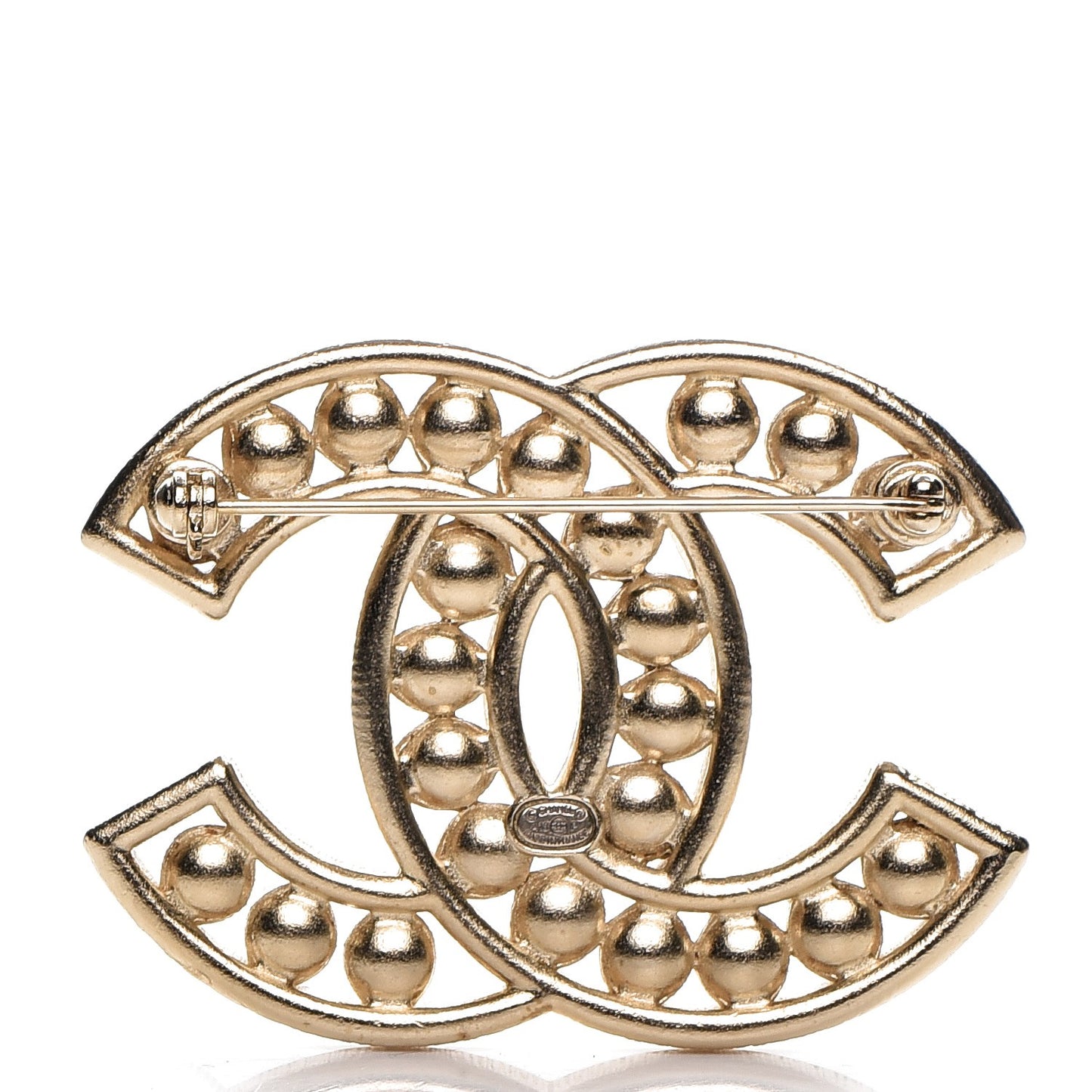 Pearl Crystal Baguette CC Brooch Gold