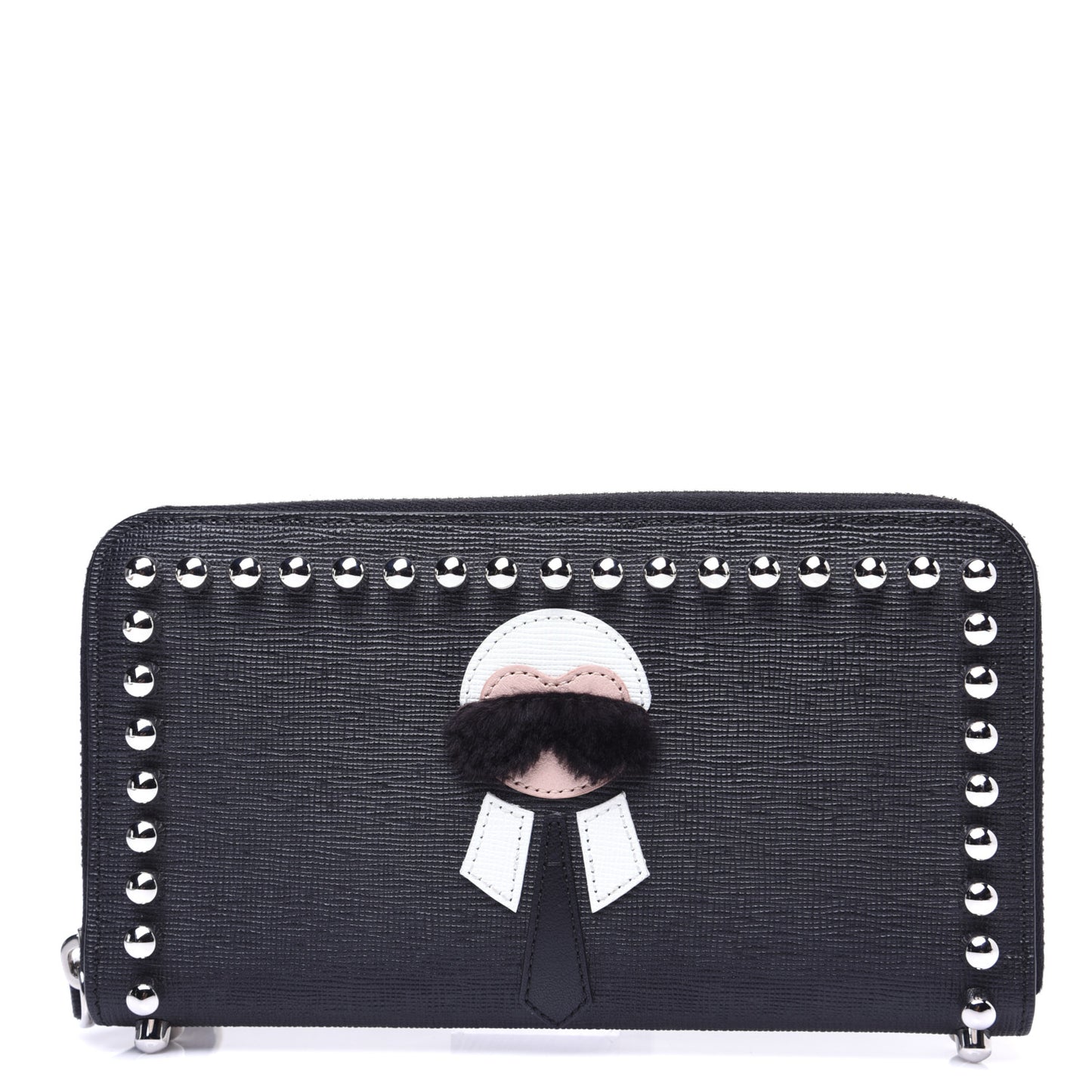 Vitello Elite Mink Fur Studded Karlito Zip Around Wallet Black