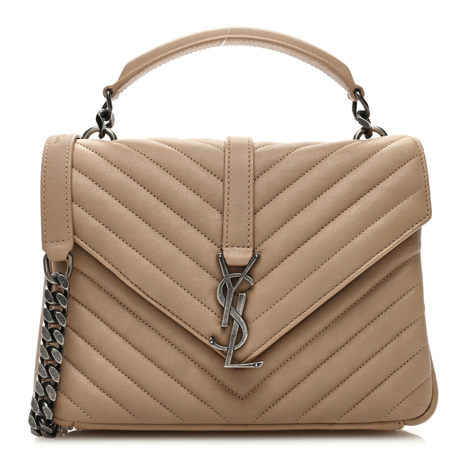 Saint Laurent Sheepskin Matelasse Chevron Monogram Medium College Bag Dark Beige 1 of 8
