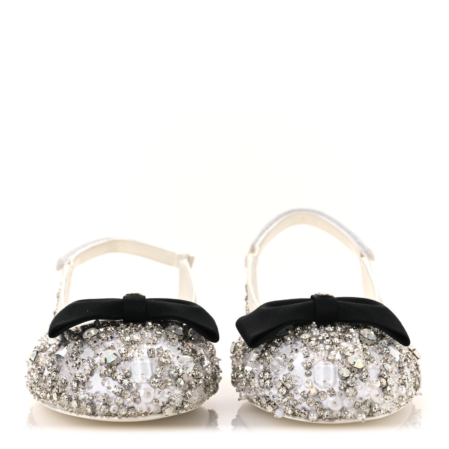 Satin Crystal Lambskin Grossgrain Bow CC Slingback Flats 39 White Black