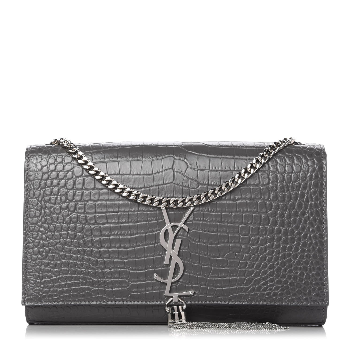 Saint Laurent Calfskin Crocodile Embossed Medium Classic Monogram Kate Tassel Satchel Fog 1 of 9