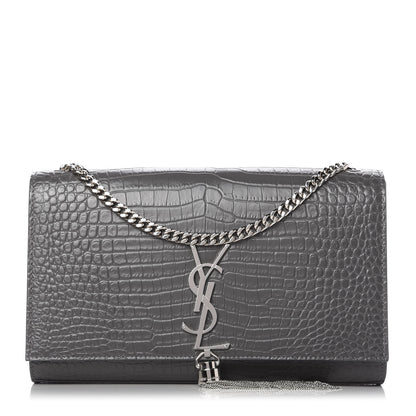Saint Laurent Calfskin Crocodile Embossed Medium Classic Monogram Kate Tassel Satchel Fog 1 of 9
