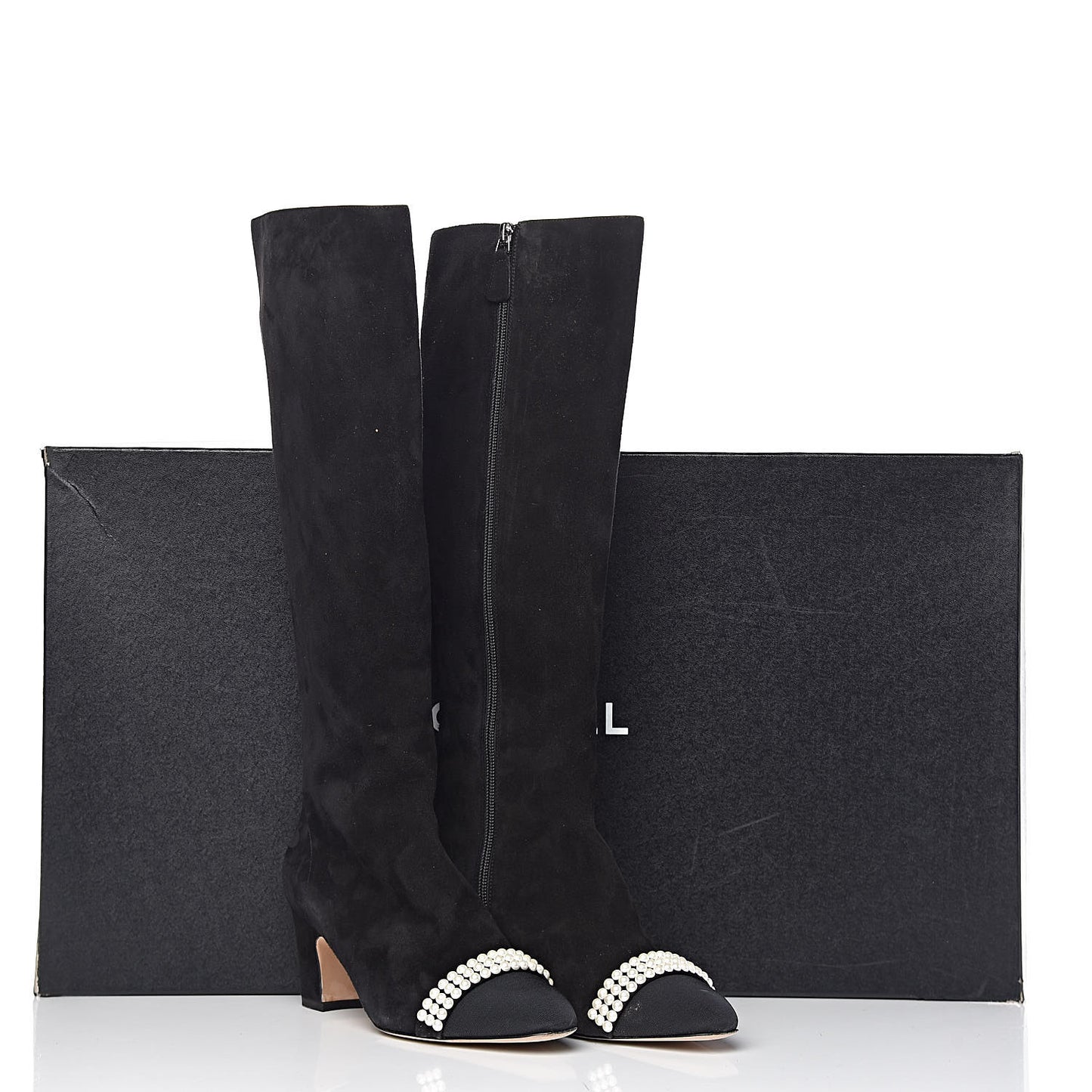 Suede Grosgrain Pearl CC Cap Toe High Boots 37 Black