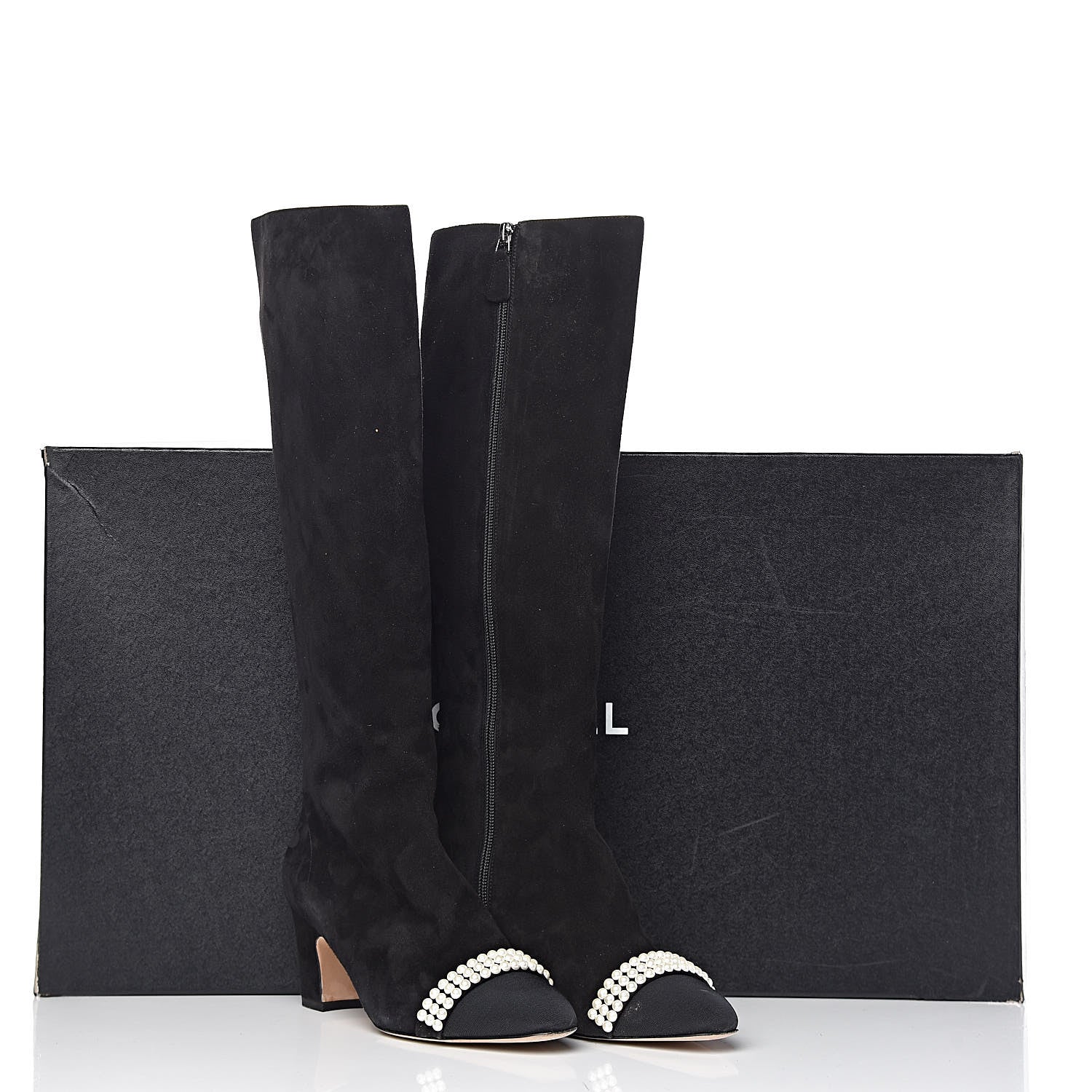 Chanel Suede Grosgrain Pearl CC Cap Toe High Boots 37 Black 17 of 17