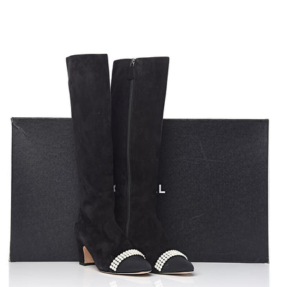 Chanel Suede Grosgrain Pearl CC Cap Toe High Boots 37 Black 17 of 17