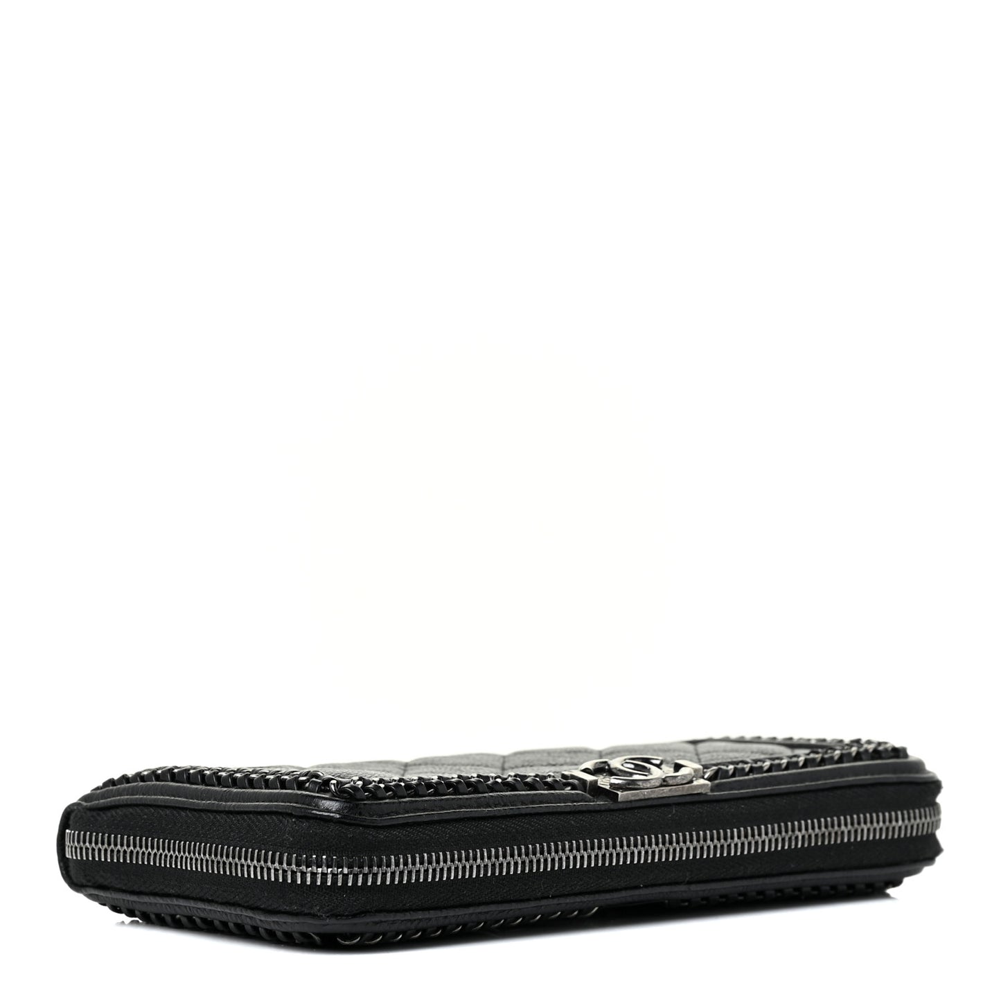 Calfskin Quilted Boy Chain Large Gusset Zip Around Wallet Black