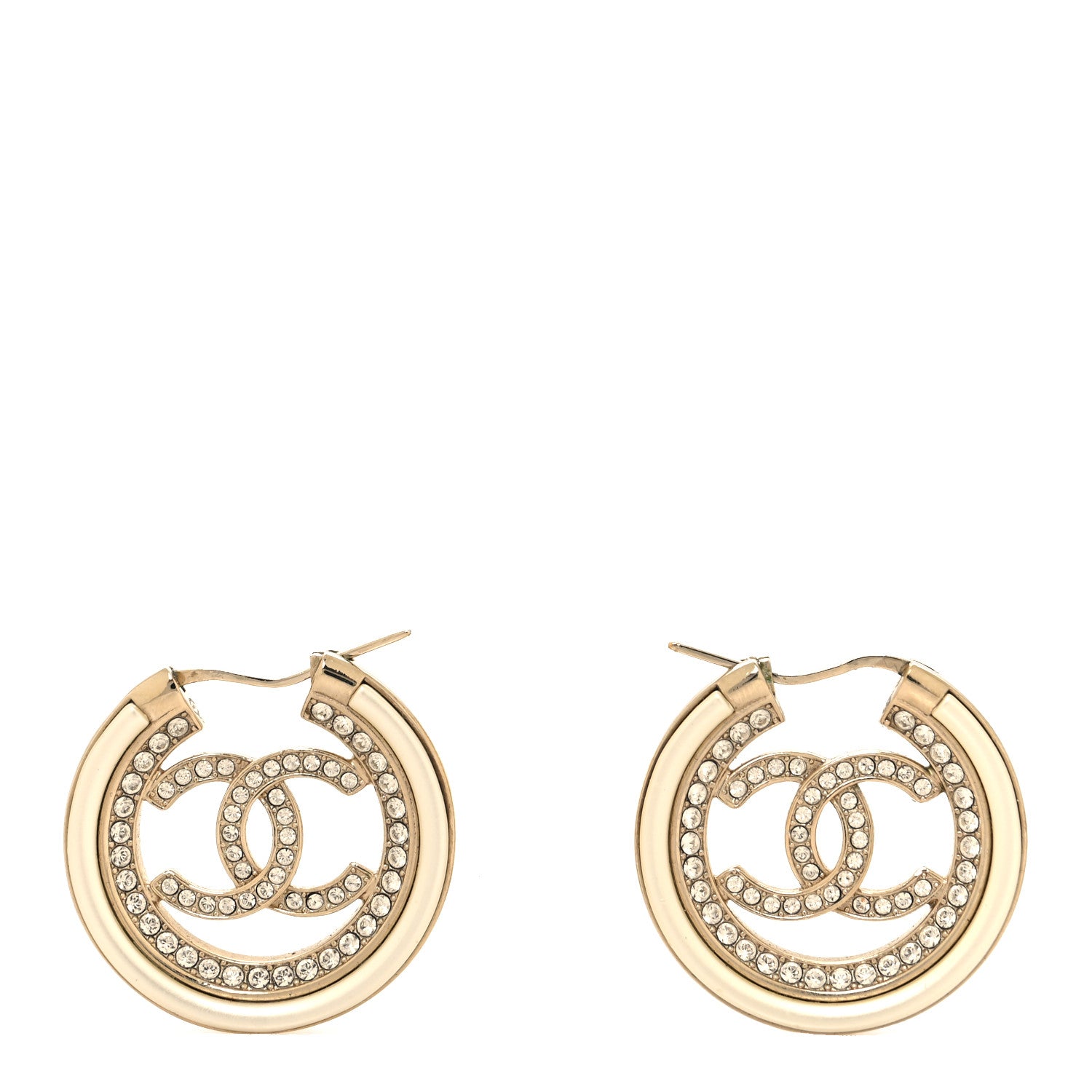 Chanel Metal Crystal Strass CC Hoop Earrings Gold 1 of 5