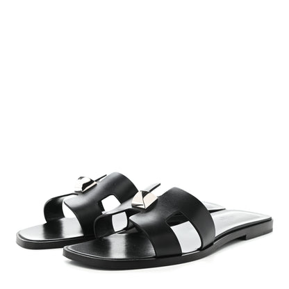 Hermes Box Calfskin Clous Pyramide Oran Sandals 40 Black 3 of 9