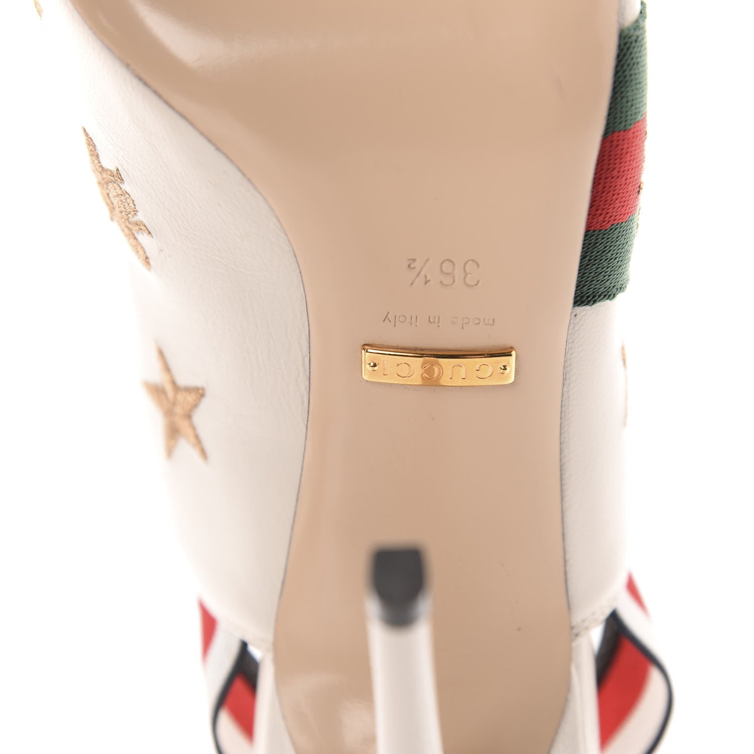 Gucci Malaga Kid Web Bee Star Embroidered Sylvie High Heel Slingback Pumps 36.5 White 8 of 14