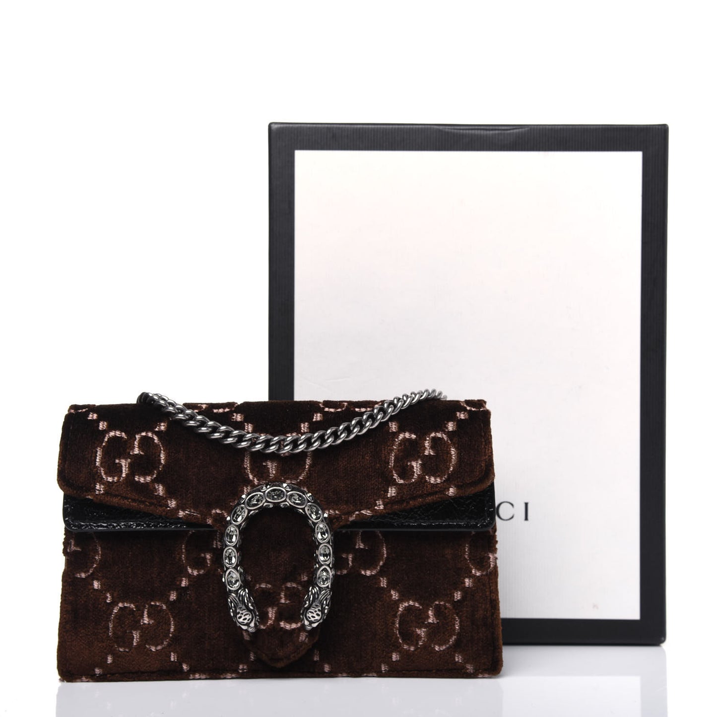 Velvet Skipper Crystal GG Monogram Super Mini Dionysus Shoulder Bag Brown Black Black Diamond