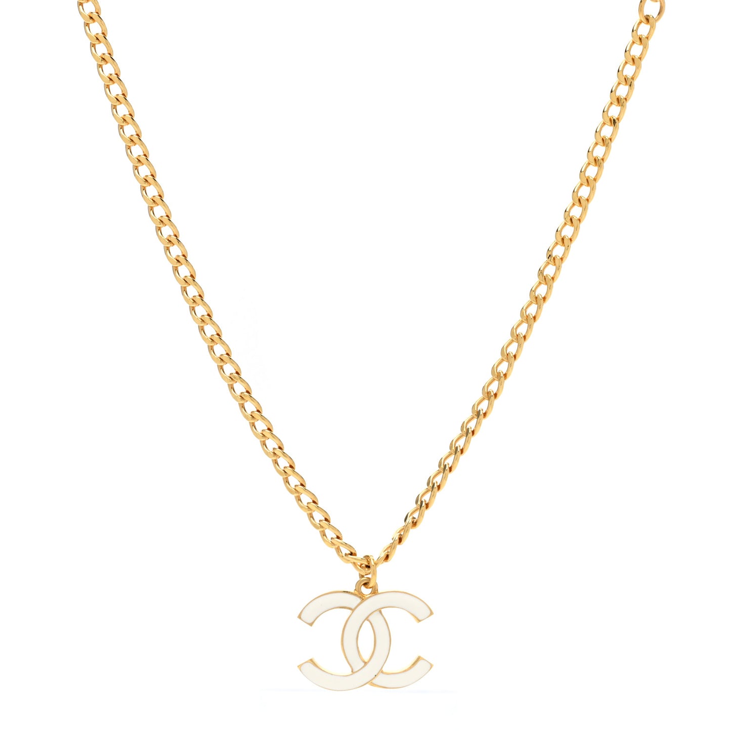 Metal Enamel CC Chain Necklace Gold White