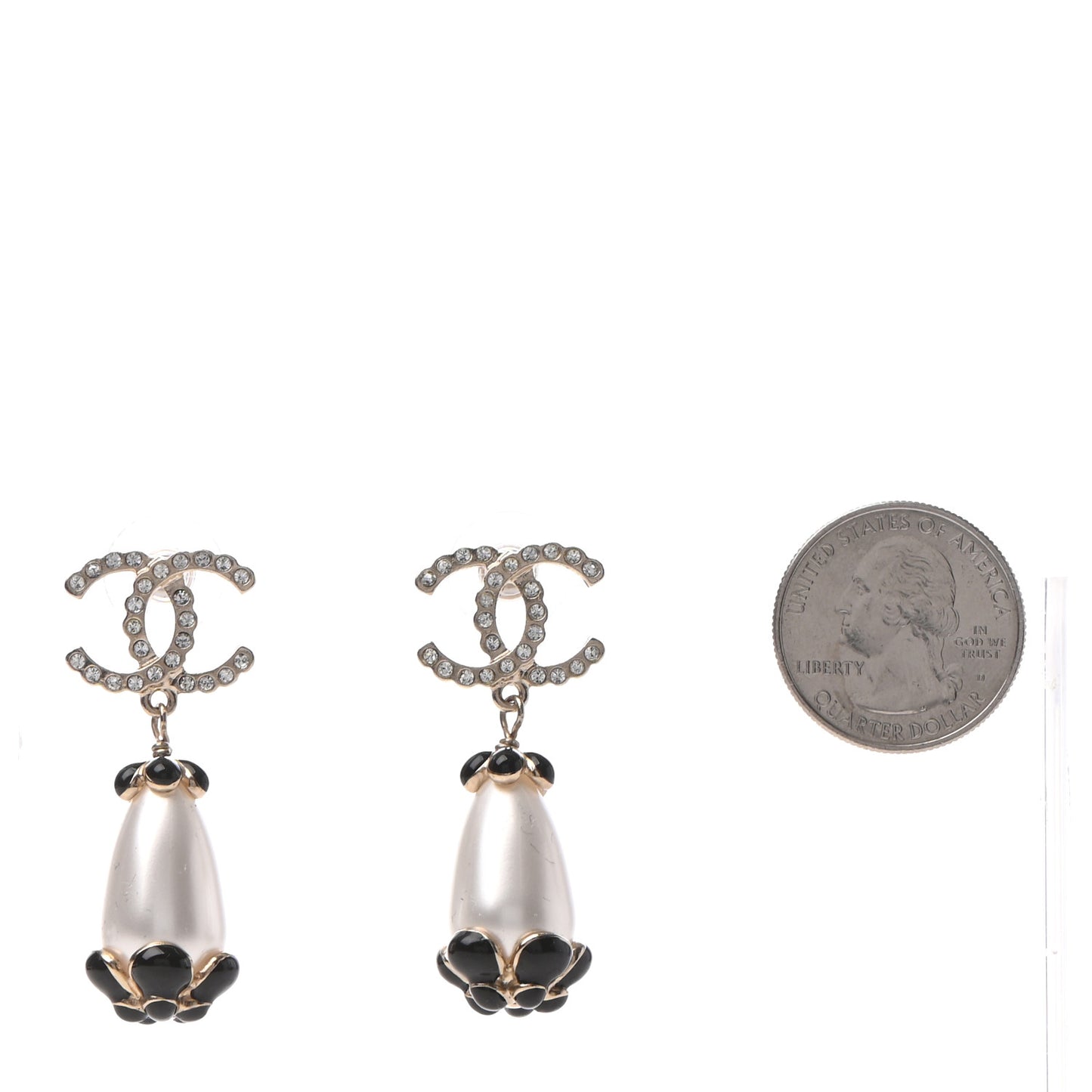 Pearl Crystal Enamel CC Flower Drop Earrings Gold Black