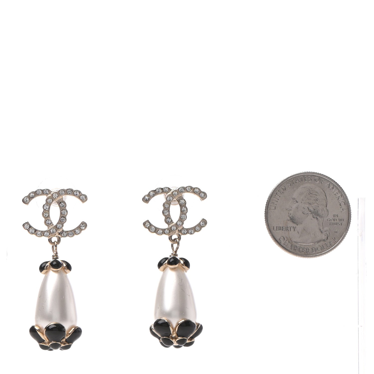 Chanel Pearl Crystal Enamel CC Flower Drop Earrings Gold Black 2 of 4