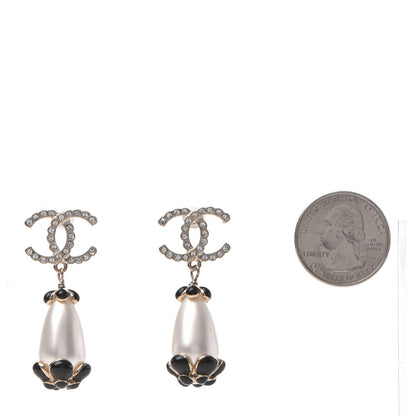 Chanel Pearl Crystal Enamel CC Flower Drop Earrings Gold Black 2 of 4