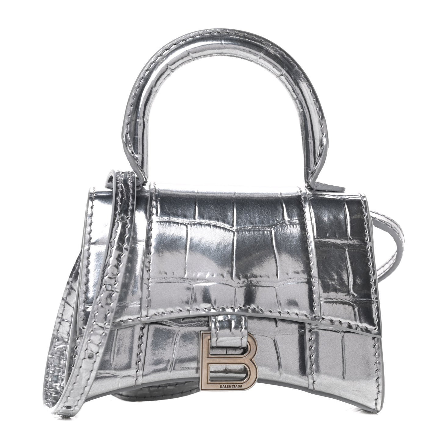 Metallic Calfskin Crocodile Embossed Hourglass Top Handle Bag Mini Silver