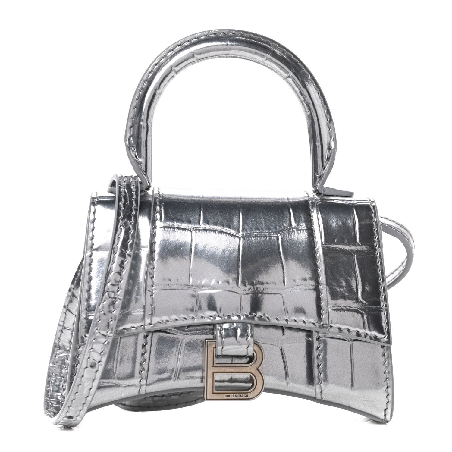 Balenciaga Metallic Calfskin Crocodile Embossed Hourglass Top Handle Bag Mini Silver 1 of 8