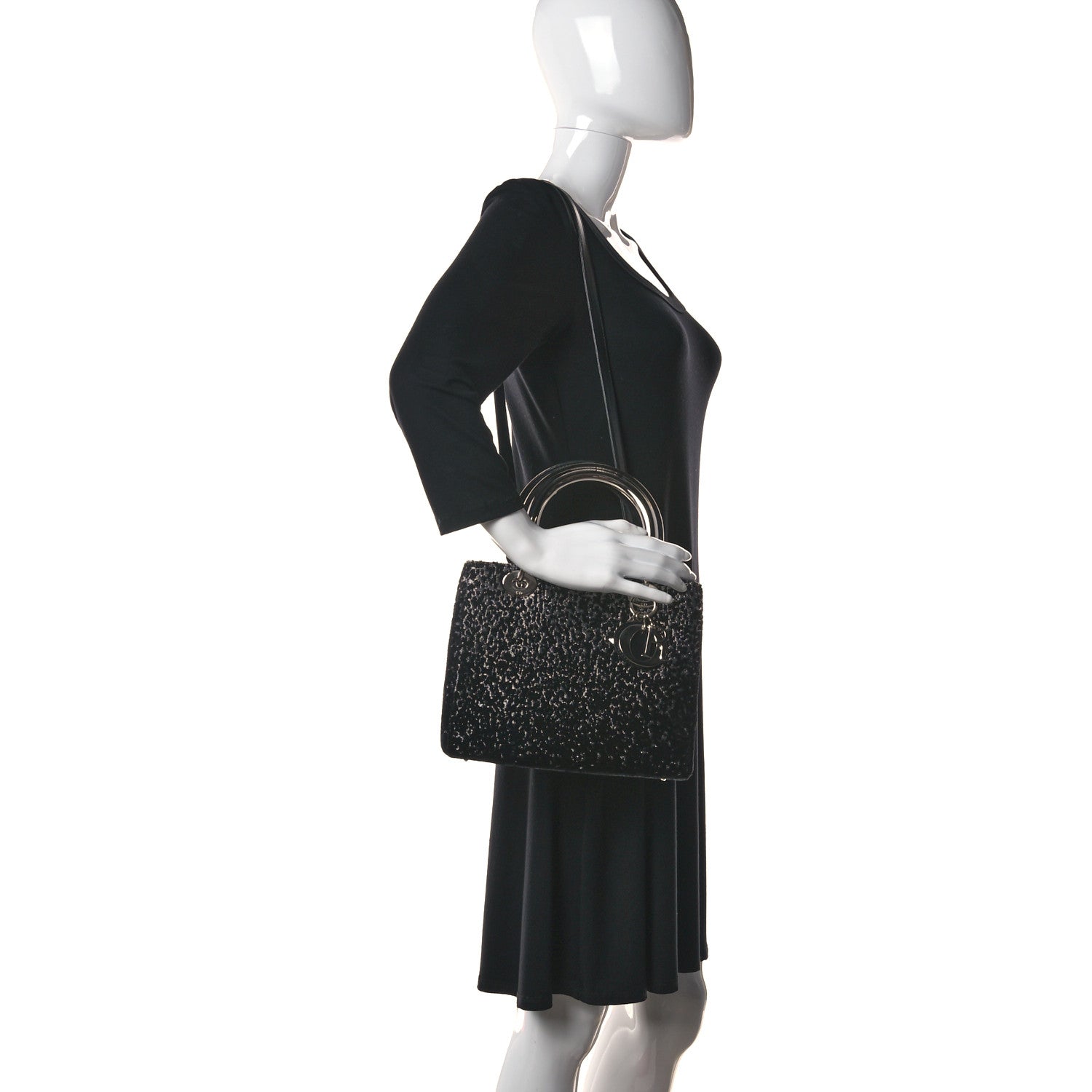Christian Dior Fabric Lame Medium Lady Dior Black Silver 2 of 10