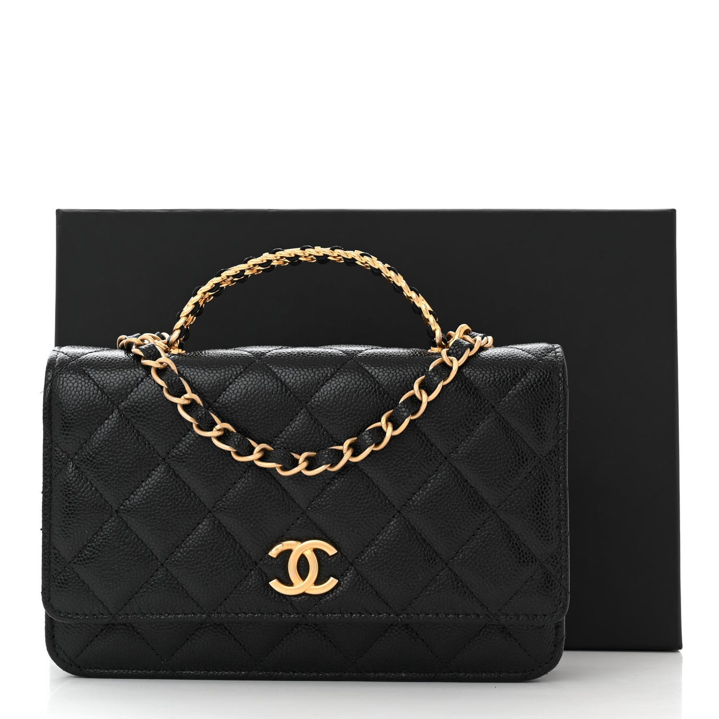 Shiny Caviar Quilted Pick Me Up Wallet On Chain WOC Black