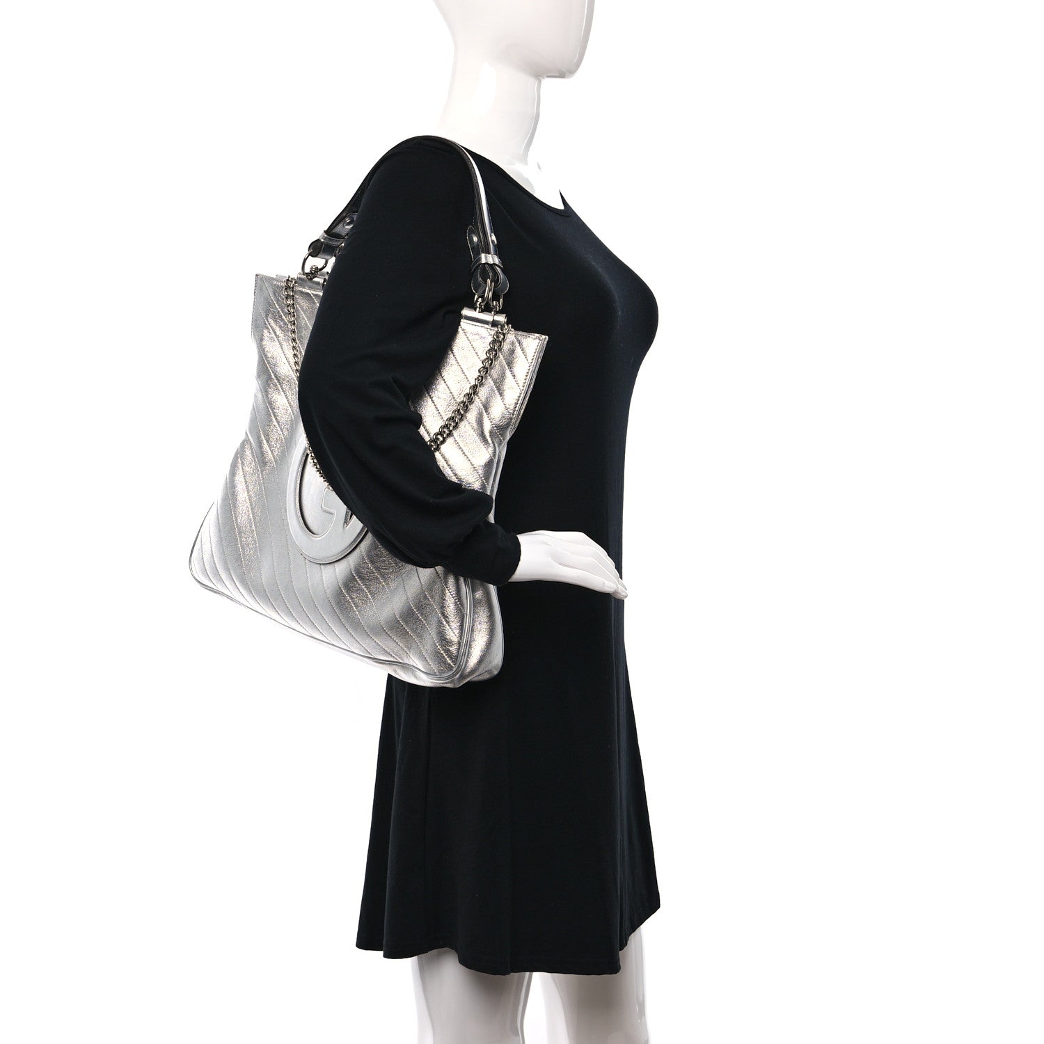 Gucci Metallic Sakai Be Green Calfskin Diagonal Stitched Medium Blondie Tote Silver 2 of 11