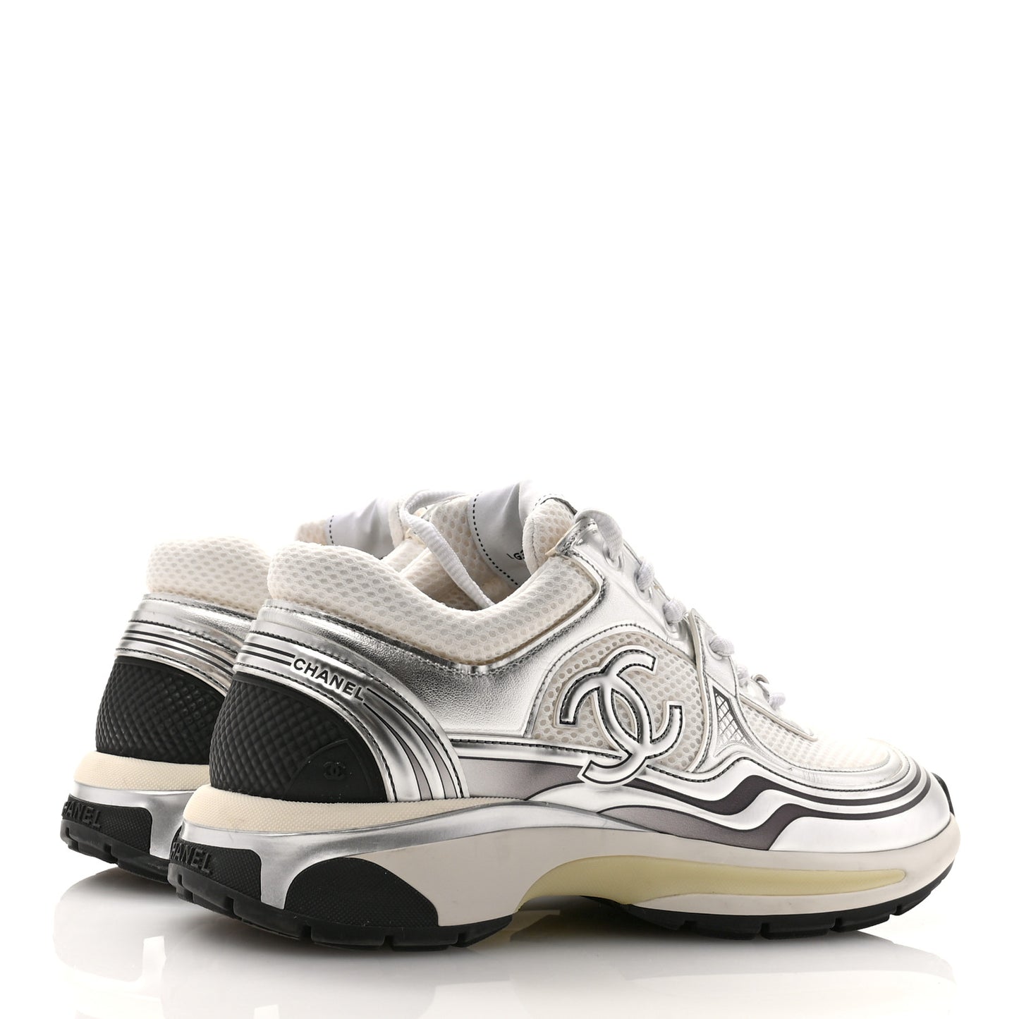 Fabric Laminated Calfskin Stretch CC Womens Sneakers 39.5 White Silver