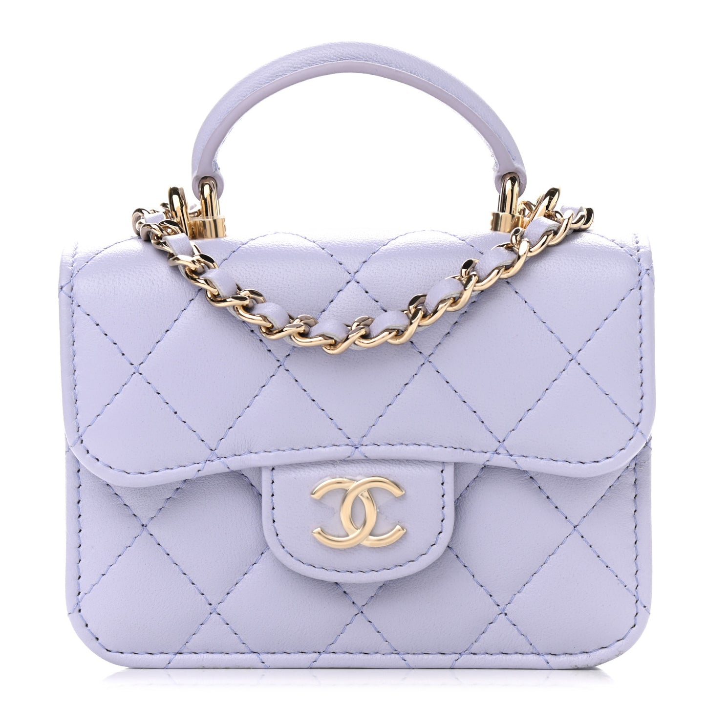 Lambskin Quilted Top Handle Flap Coin Purse With Chain Light Purple
