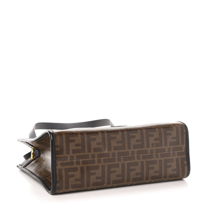 Fendi Glazed Fabric Vitello Century Plexiglass FF 1974 Stamp Patch Small Runaway Shopper Tote Mogano Panna Black 5 of 12